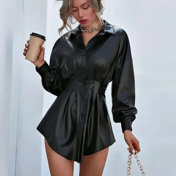 Leather Collar Shirt Dress with Button Front and Slim Waist - Picture 2 of 3